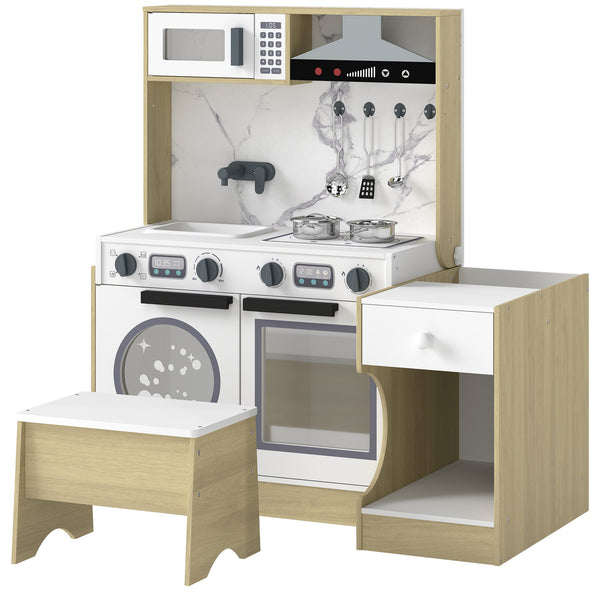 Qaba Play Kitchen Set for Kids, 2-in-1 Convertible Table and Chair Set, Kitchen Playset with Sink, Oven, Accessories for 3-8
