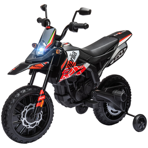 Qaba 12V Aprilia Licenced Kids Motorcycle with Training Wheels, Spring Suspension, LED Light, USB, Music