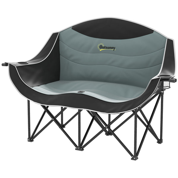 Outsunny Padded Folding Camp Chair for Adults, Double Camping Chair with Armrests, Cup Holders, Carry Bag for Outdoor