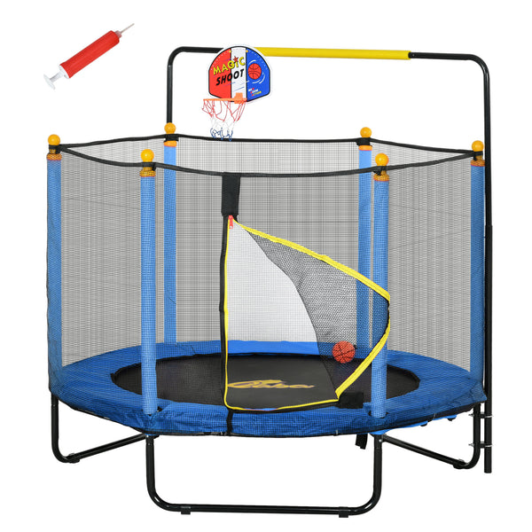 Qaba Kids Trampoline with Net, Basketball Hoop, Horizontal Bar Indoor