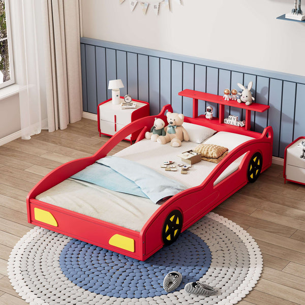 Car-Shaped Platform Twin Bed with Wheels and Storage Space, Safety Rails, and Sturdy Slats, Wooden Race Car Bed, 77.6" x 41.3" x 20.6"