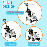 Qaba 3 in 1 Push Car Sliding Car with Removable Handle, Music, Horn, Canopy, Safety Guardrail, White