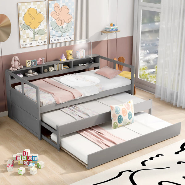 Vinsetto Twin XL Wood Daybed with 2 Trundles, 3 Storage Cubbies, Free Light and USB Charging, 82" L x 129.5" W x 35.5" H