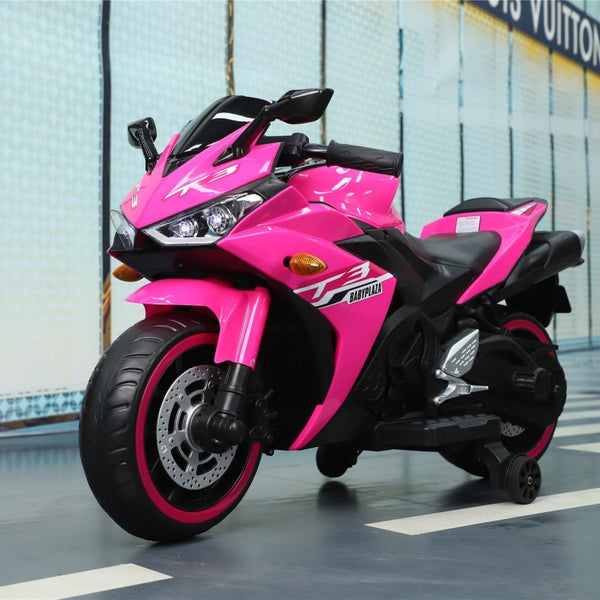 12V Kids Electric Ride-On Motorcycle with Training Wheels and Headlight, Motorbike with MP3 and Light-Up Wheels, 46" L x 20" W x 26" H - Pink (1)