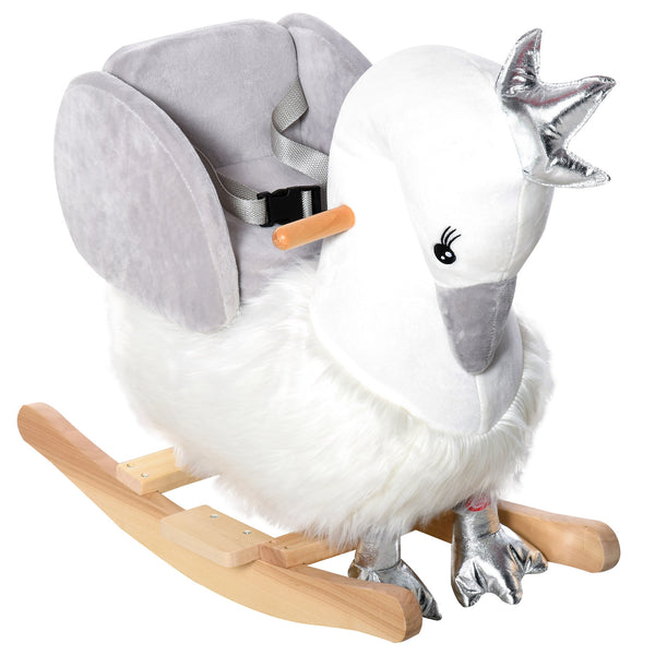 Qaba Kids Ride on Horse Swan Rocker with Sound, Plush Seat, Wooden Base, Safety Belt for Toddlers 18-36 Months