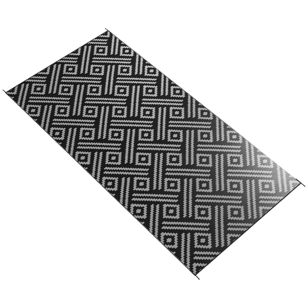 Outsunny Reversible Outdoor Rug Carpet RV Camping Rugs with Carry Bag, 9' x 18', Black & Gray Geometric
