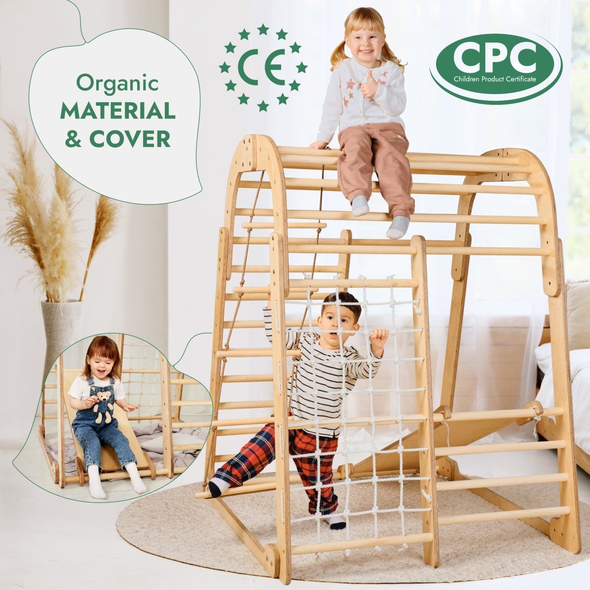 Indoor Wooden Playground for Children - 6in1 Playground + Swings Set + Slide Board - SKU: IWPC-6IN1-CA