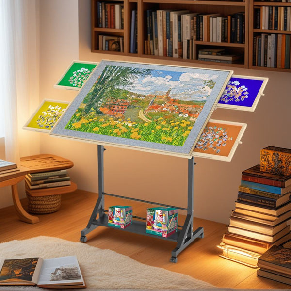 Wooden 1500 Piece Puzzle Table with Drawer, Adjustable Height, Rolling Puzzle Table with Wheels, 35" L x 27" W x 37.5" H, Black+