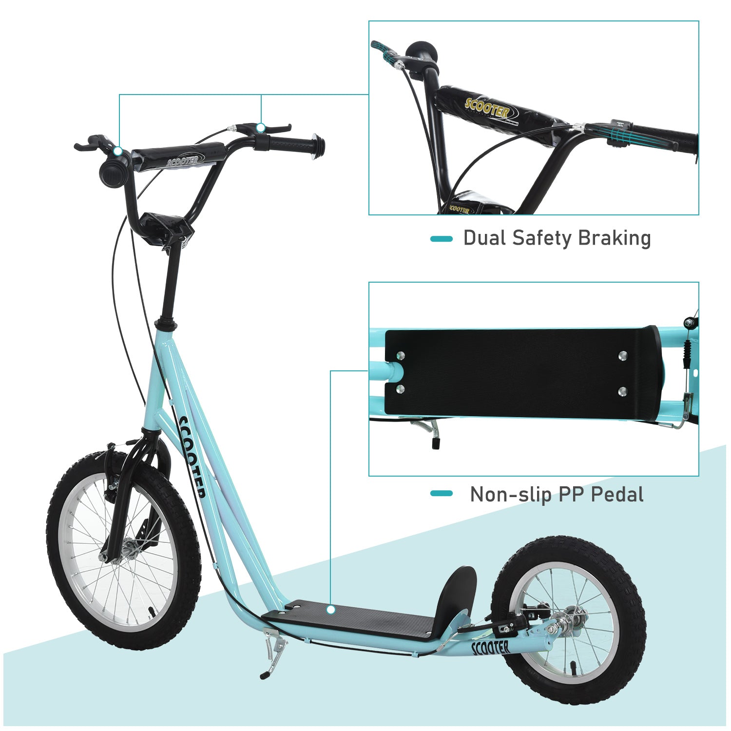 Aosom Teens Youth Scooter Ride On Toy with Adjustable Handlebar, Dual Brakes, and Inflatable Wheels For Kids 5+, Blue