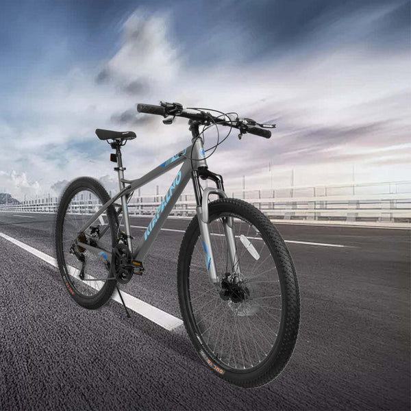 26" Adjustable Mountain Bike with 21-Speed Drivetrain, High-Carbon Steel Frame, Dual Disc Brakes, 67" L x 26.5" W x 38.5" H, Blue+