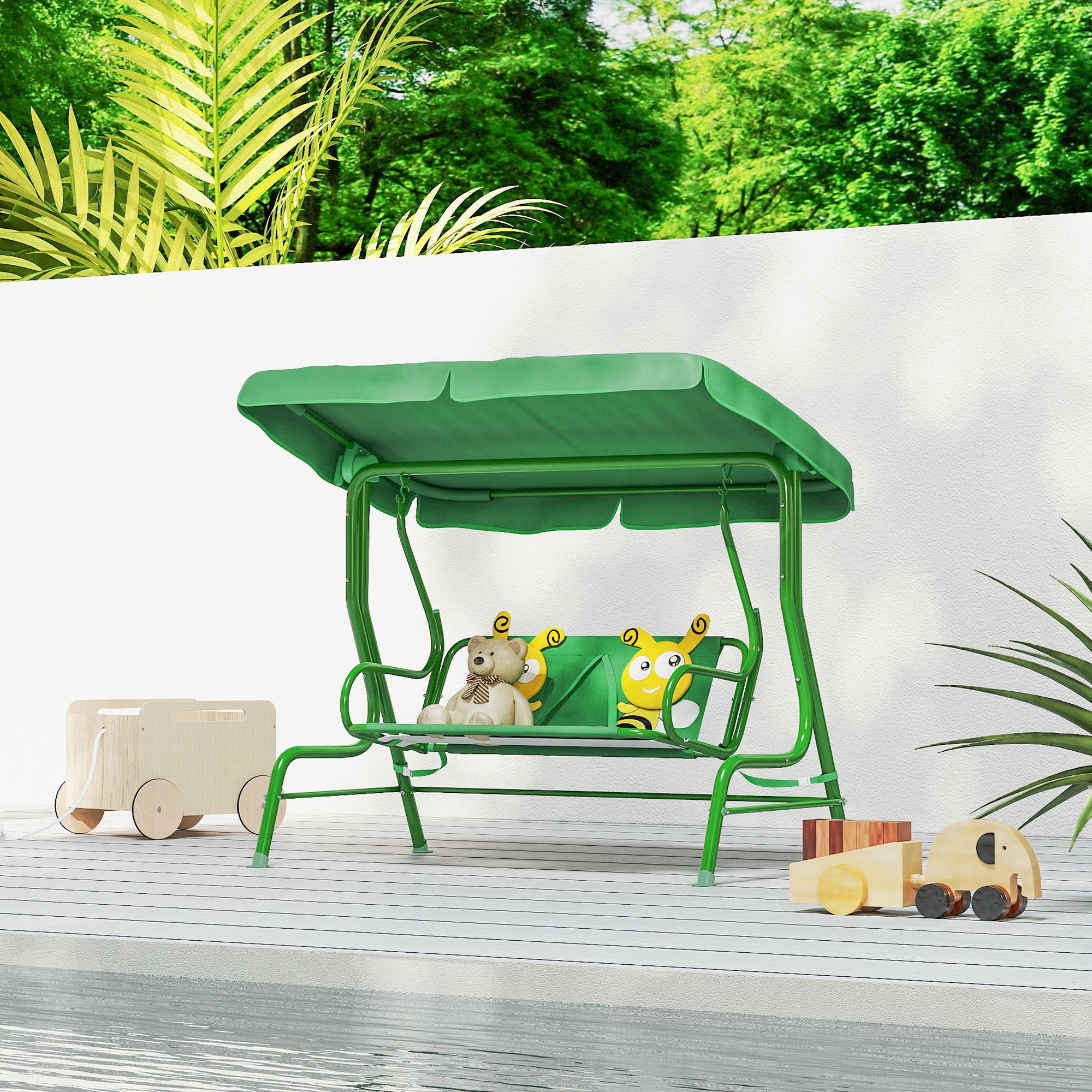 Qaba Kids Patio Swing Chair with Adjustable Canopy, Safety Belt for Patio, Garden, Poolside, Balcony, Dark Green