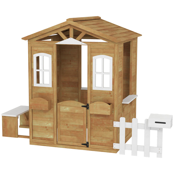 Outsunny Outdoor Playhouse for Kids Wooden Cottage with Working Doors Windows & Mailbox for Age 3-6 Years