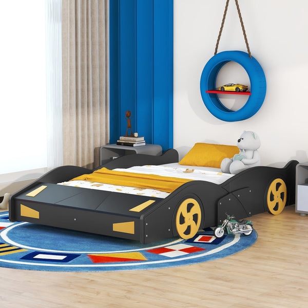 Full Size Race Car-Shaped Platform Bed with Wheels and Storage, Solid Wood and MDF, 90.5" L x 55" W x 15.5" H