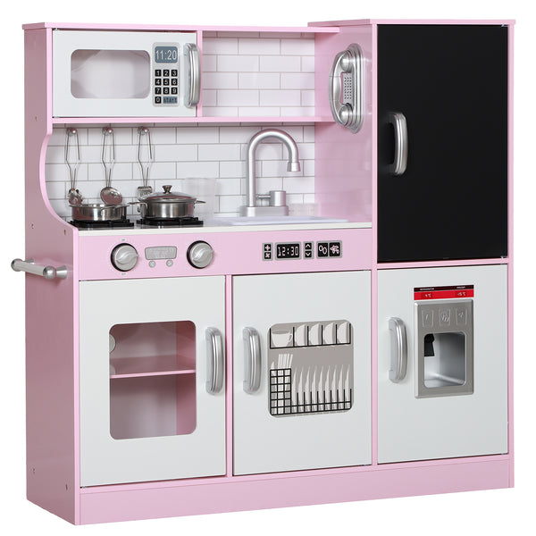 Qaba Pretend Play Kitchen, Kids Kitchen Playset with Play Phone, Chalkboard, Towel Rack & Ice Maker for 3-8 Years