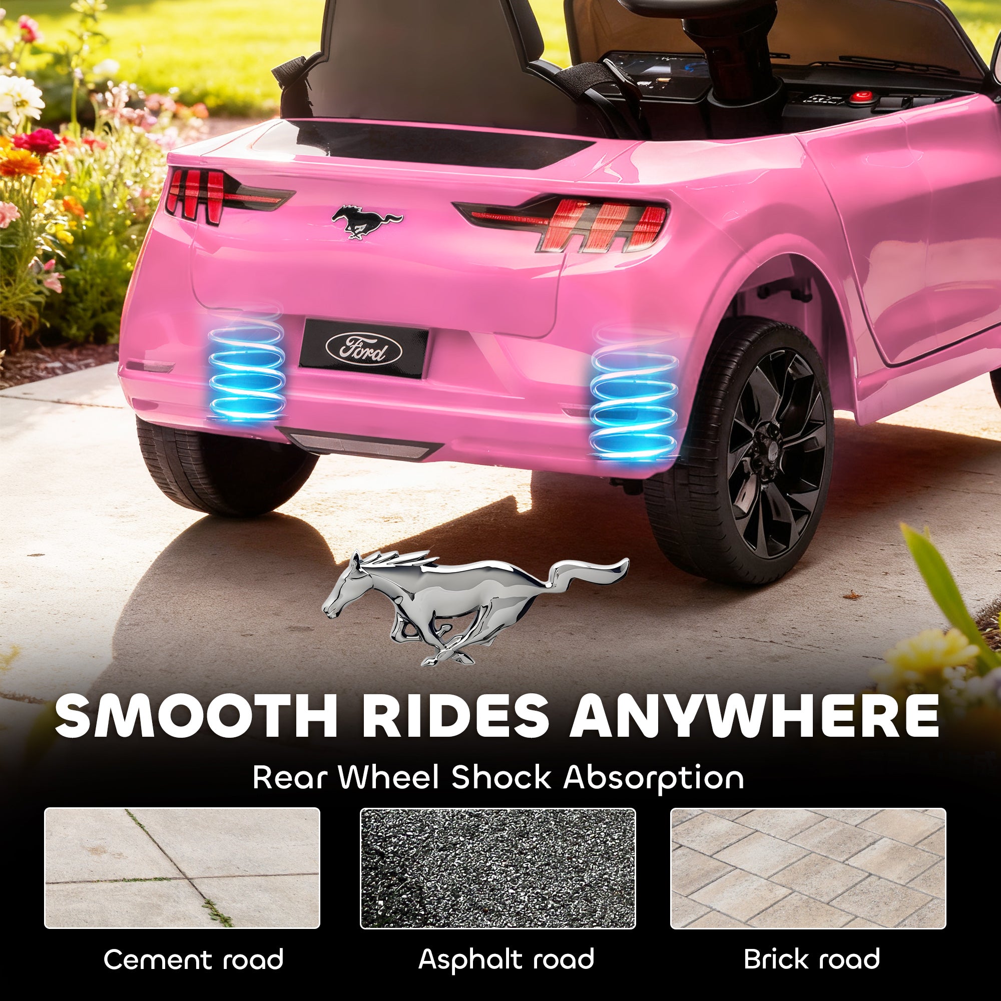 Qaba 12V Kids Ride On Car, Licensed Ford Mustang Mach-E Electric Car with Remote Control, LED Light, Music, Pink