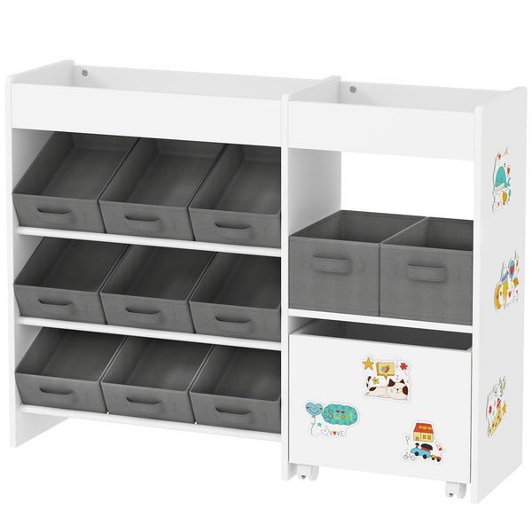 Qaba Kids Toy Storage Organizer with 11 Bins, Moveable Cabinet, Top Shelves, 3 Stickers, for Nursery, Playroom
