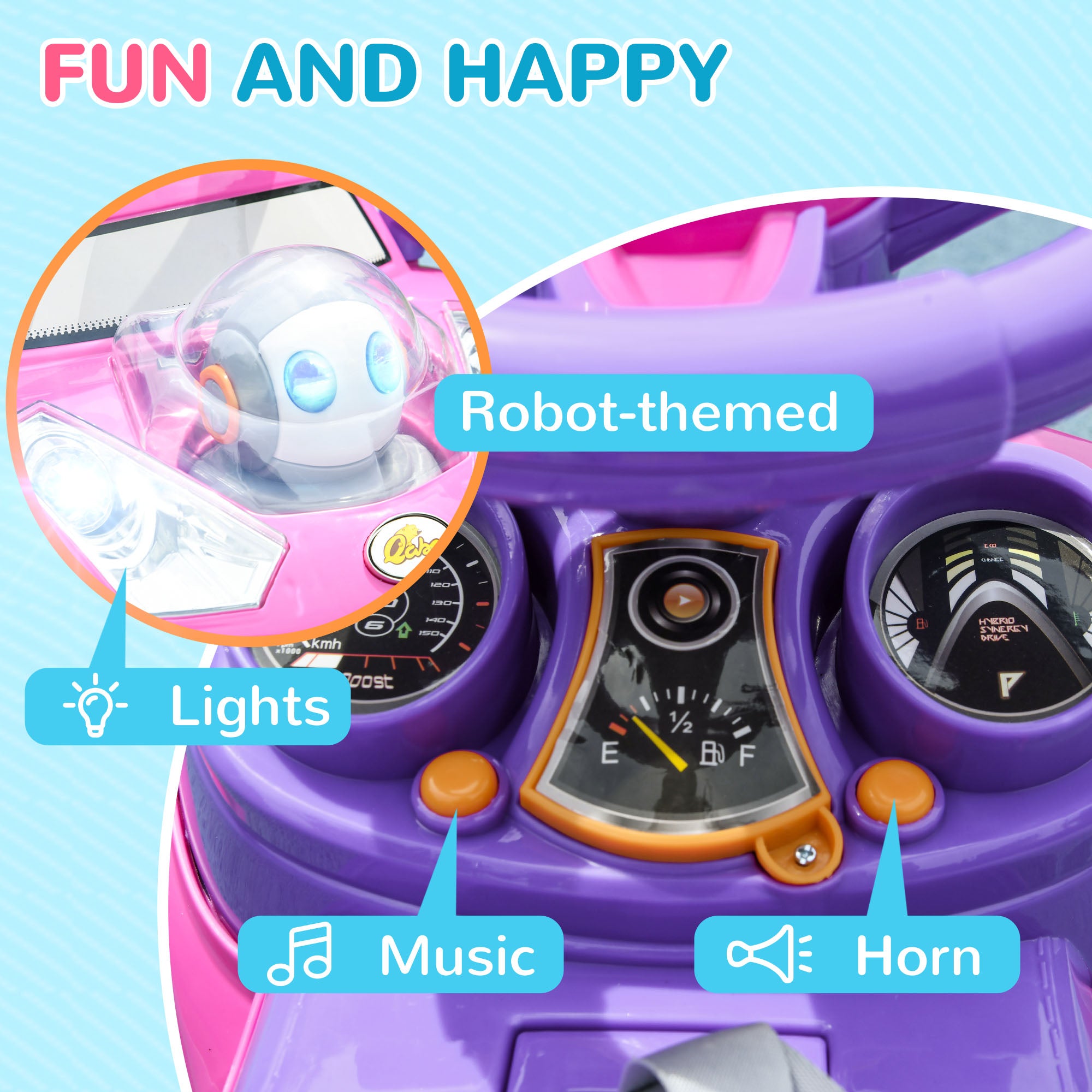 Qaba 3 in 1 Push Car Sliding Car with Removable Handle, Music, Horn, Canopy, Safety Guardrail, Pink