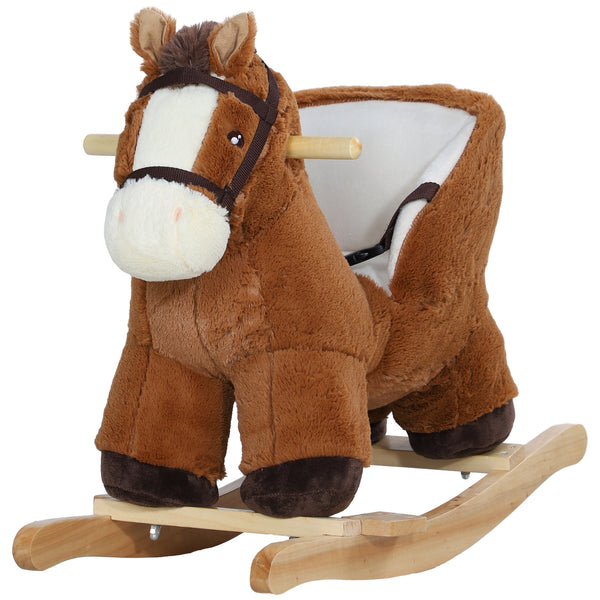 Qaba Baby Rocking Horse, Kids Ride-on with Sound, Wooden Base & Safety Belt for Ages 18-36 Months