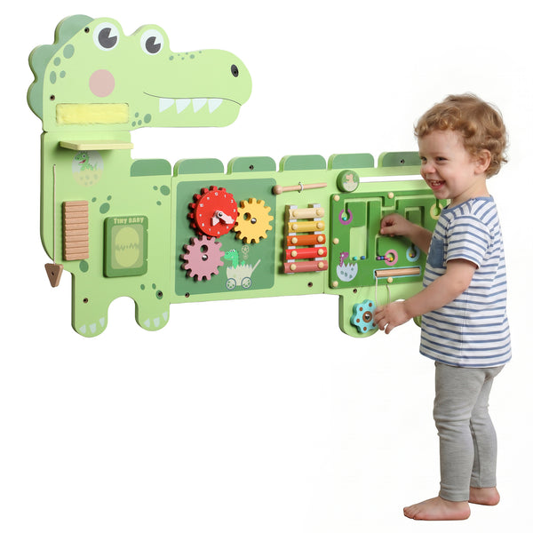 Qaba Busy Board Panels Wall-Mounted Montessori Sensory Toys Sensory Wall MDF 87 x 52 x 5.5 cm Dinosaur