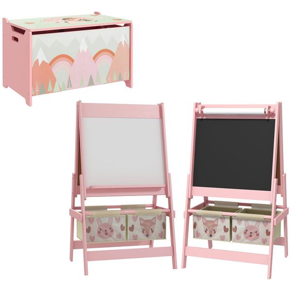 Qaba Toy Box with Lid and Kids Easel with Paper Roll, Blackboard, Whiteboard, Cute Fox Design, for Ages 3-8 Years
