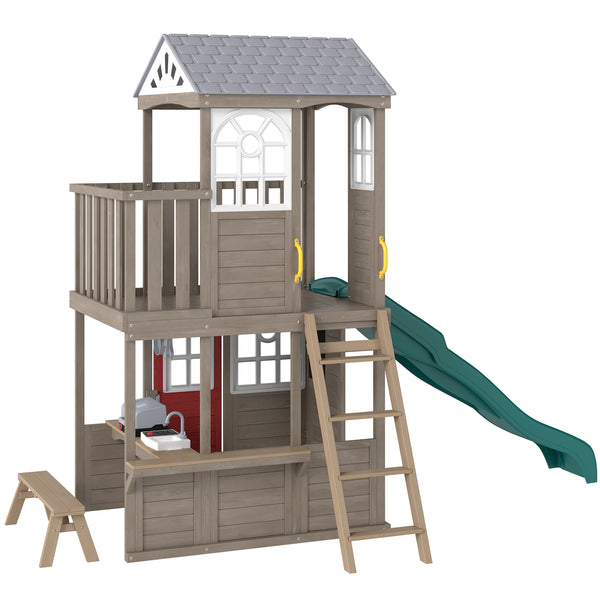 Qaba Two-Story Outdoor Playhouse, Wooden Kids Playhouse with Slide, Bench, BBQ Play Kitchen, Ladder, Lookout Platform, Clock