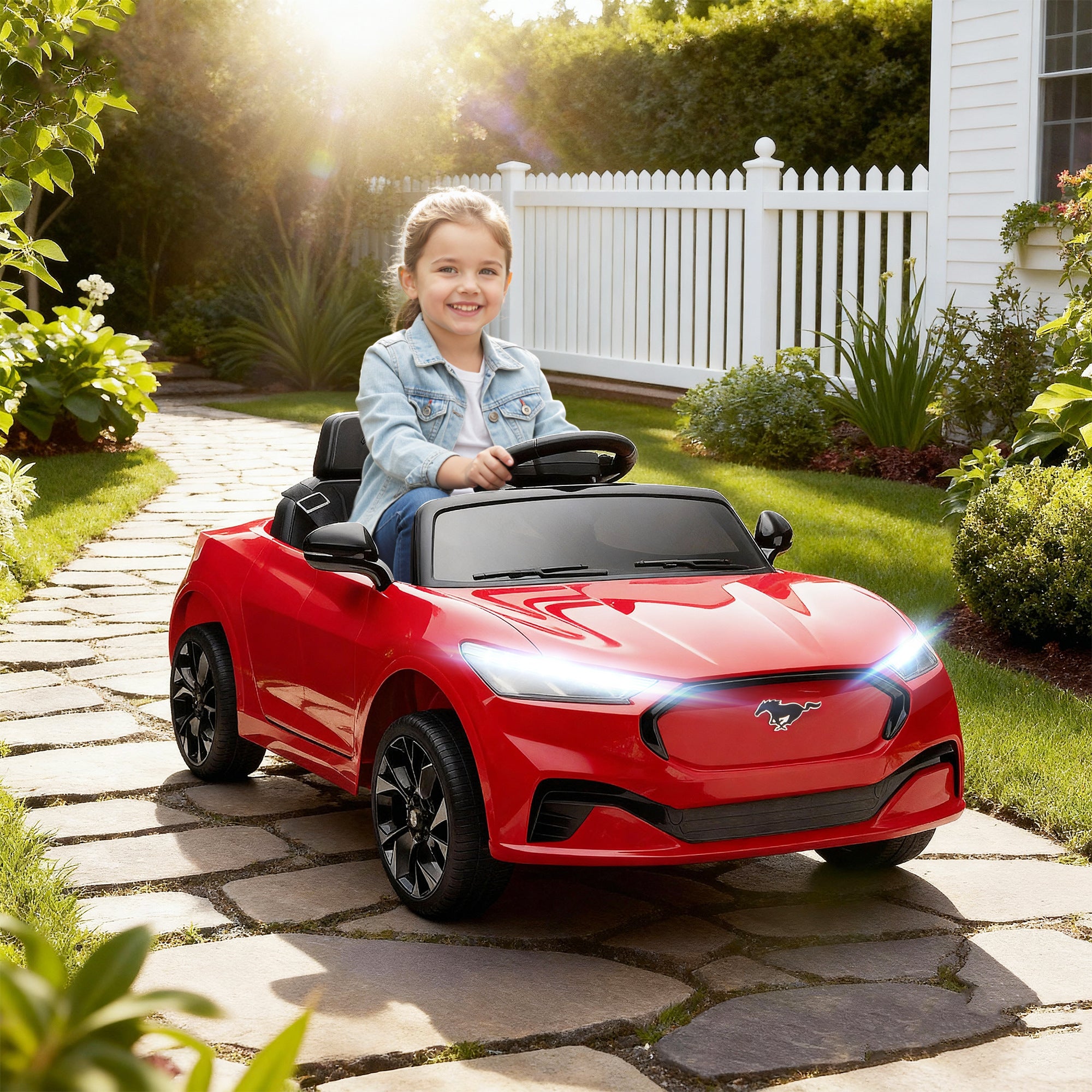 Qaba 12V Kids Ride On Car, Licensed Ford Mustang Mach-E Electric Car with Remote Control, LED Light, Music, Red