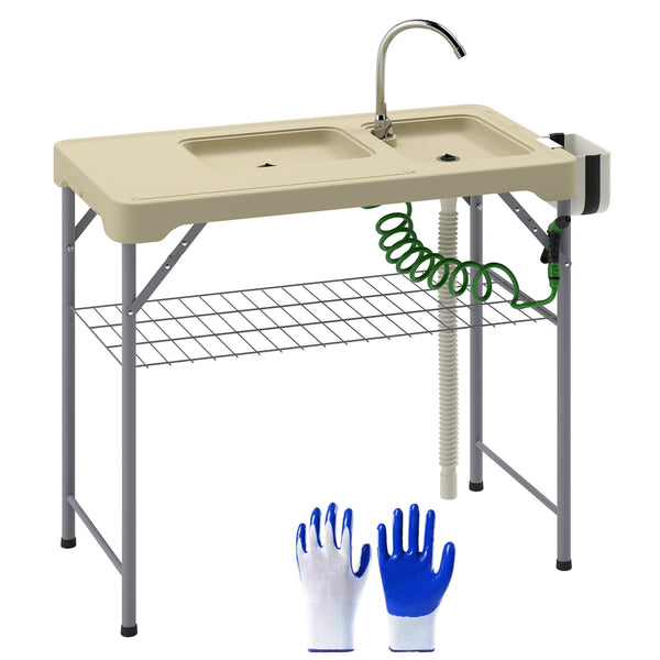 Outsunny Folding Fish Cleaning Table with Sinks, Portable Camping Sink Table with Faucet, Drainage Hose, Sprayer, Shelf, Drawer and Storage Basket, Outdoor Fillet Table for Picnic Beach Patio, Tan