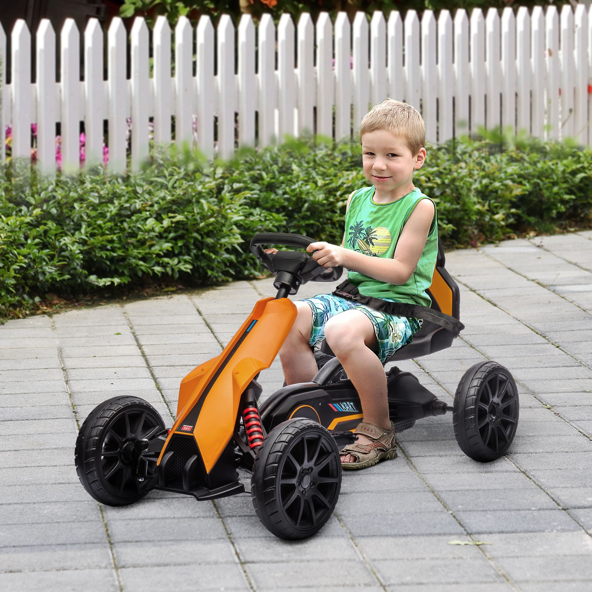 Aosom 12V Electric Go Kart for Kids, Ride On Toy with EVA Tires, 2 Speeds, Adjustable Seat, Safety Belt for 3-8 Years, Orange