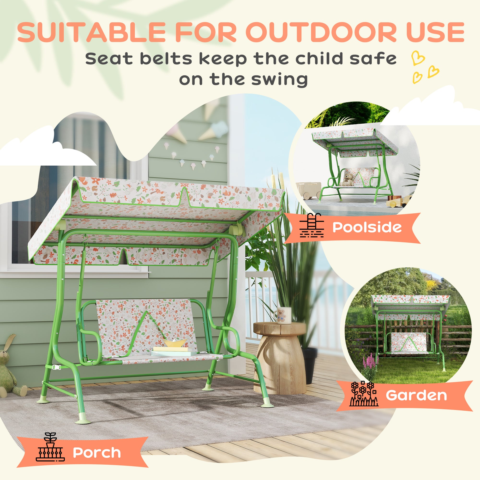 Qaba Kids Patio Swing Chair with Adjustable Canopy, Safety Belt for Patio, Garden, Poolside, Balcony, Green