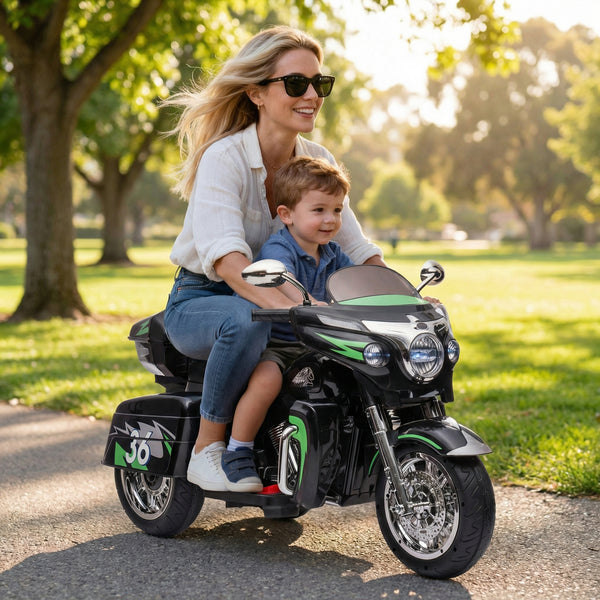 2-Seat 12V Kids Electric Ride-On Motorcycle with Storage Trunk, 3-Wheel Motorbike with MP3 and Bluetooth, 43.5'' L x 19'' W x 26.5'' H