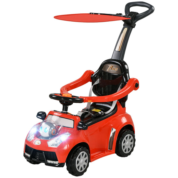 Qaba 3 in 1 Push Car Sliding Car with Removable Handle, Music, Horn, Canopy, Safety Guardrail