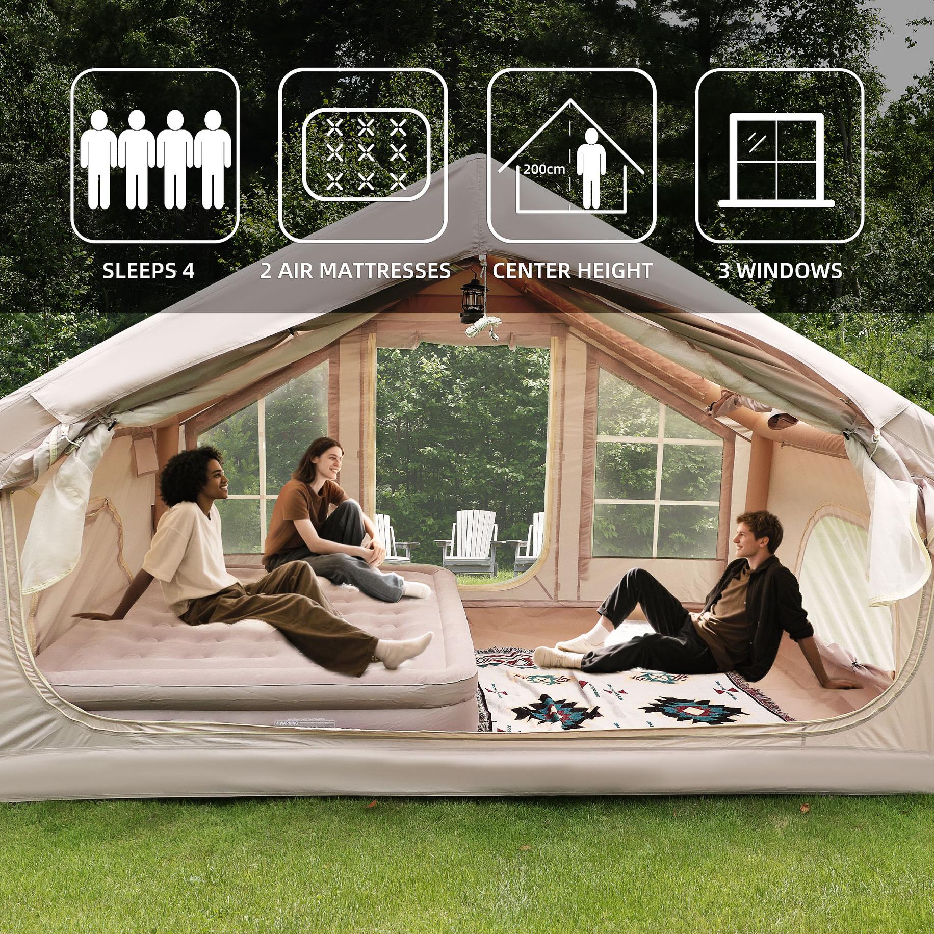 Inflatable 4-Season Camping Tent with Extended Awning, Waterproof Family Tent with Clear Skylight, 118″ L x 82.5″ W x 78.5″ H