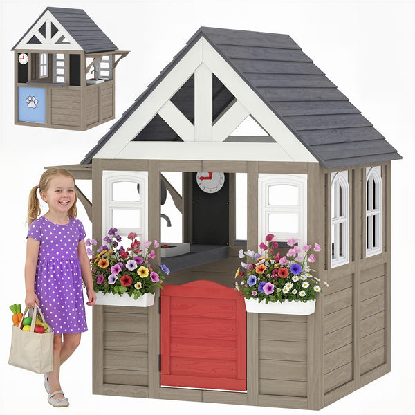 Qaba Outdoor Playhouse, Wooden Kids Playhouse with Dog Door, Flower Box, Cookware & Window for Garden Ages 2+