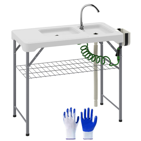 Outsunny Folding Fish Cleaning Table with Sinks, Portable Camping Sink Table with Faucet, Drainage Hose, Sprayer, Shelf, Drawer and Storage Basket, Outdoor Fillet Table for Picnic Beach Patio