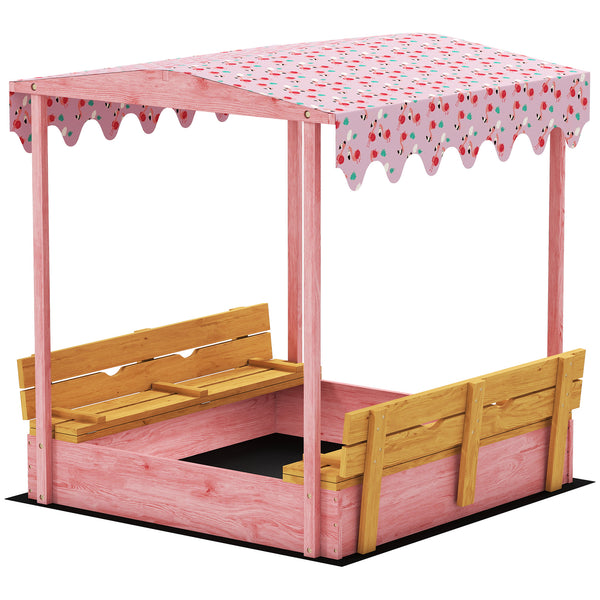 Qaba Wooden Sandbox with Cover, Kids Sandbox Outdoor with Seat, Bottom Liner, Canopy for Ages 3-6, Flamingos Print