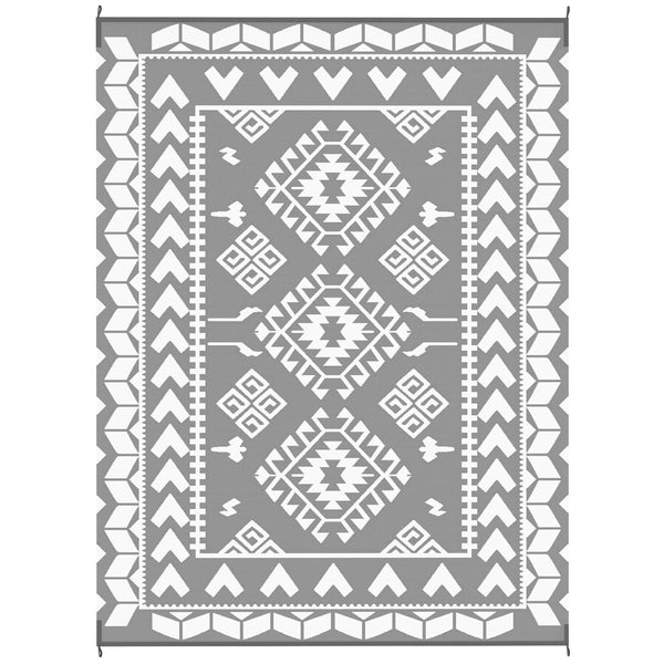 Outsunny Reversible Outdoor Rug, Waterproof Plastic Straw with Carry Bag, 9' x 12', Gray & White Rhombus Patchwork