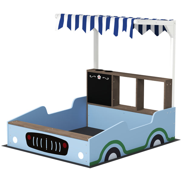 Qaba Kids Wooden Sandbox with Canopy with Bench Seats, Bottom Liner, Drawing Board, Planting Boxes for Backyard, Garden