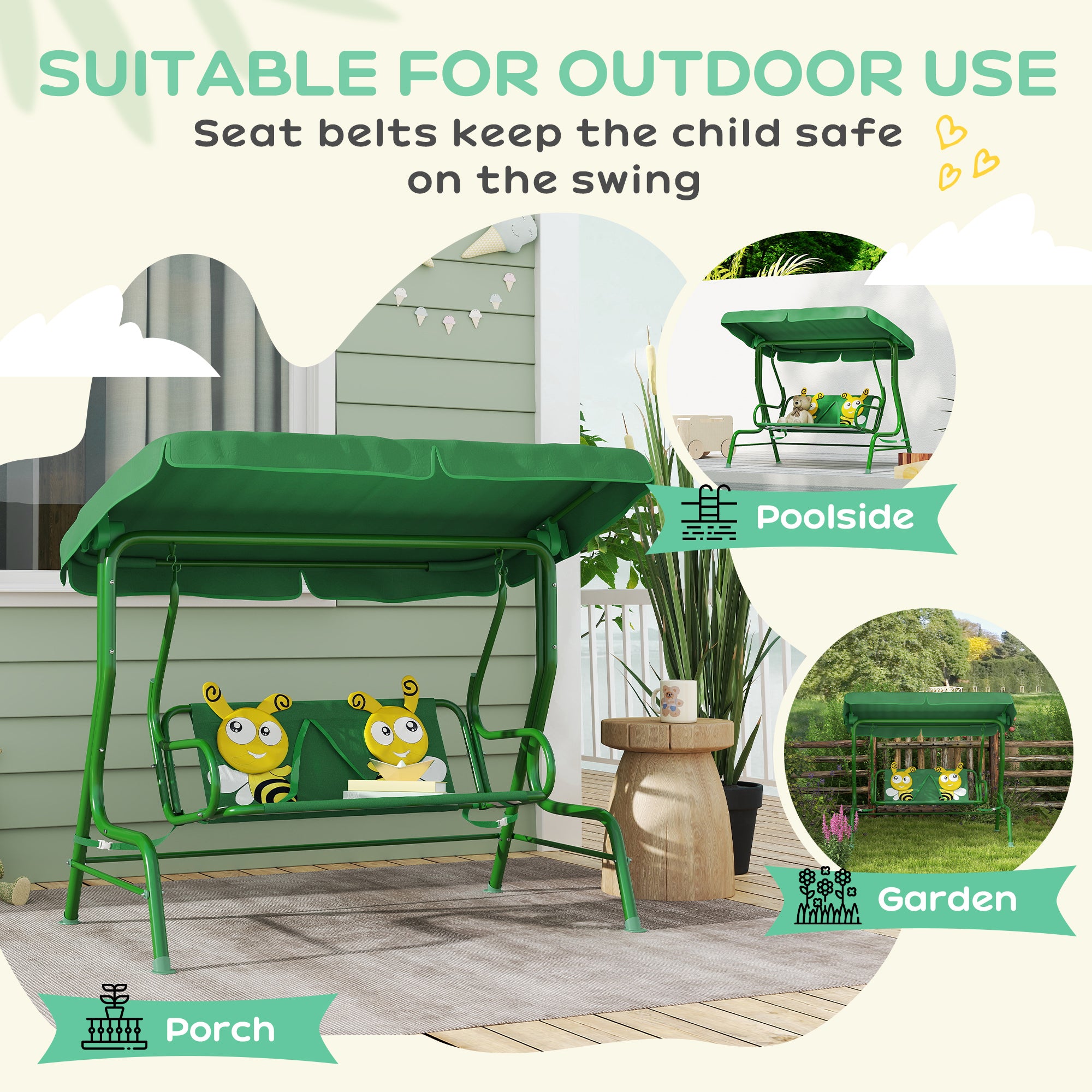 Qaba Kids Patio Swing Chair with Adjustable Canopy, Safety Belt for Patio, Garden, Poolside, Balcony, Dark Green