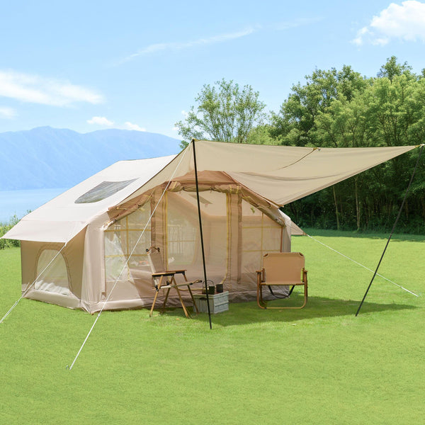 Inflatable 4-Season Camping Tent with Extended Awning, Waterproof Family Tent with Clear Skylight, 118″ L x 82.5″ W x 78.5″ H - Beige (1)