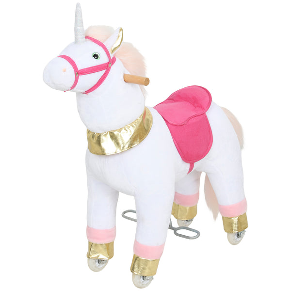 Qaba Ride on Unicorn Toy for Kids 3-5 Years, 29.5 Inch Plush Baby Rocking Horse with Wheels, No Battery Required