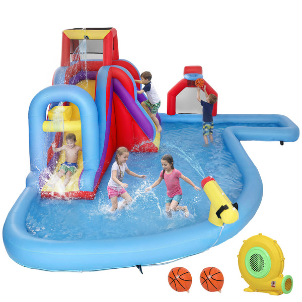 Qaba Inflatable Water Slide 6 in 1 with 480W Blower, Bounce House with Climbing Wall, Splashing Pool, Basketball Hoop