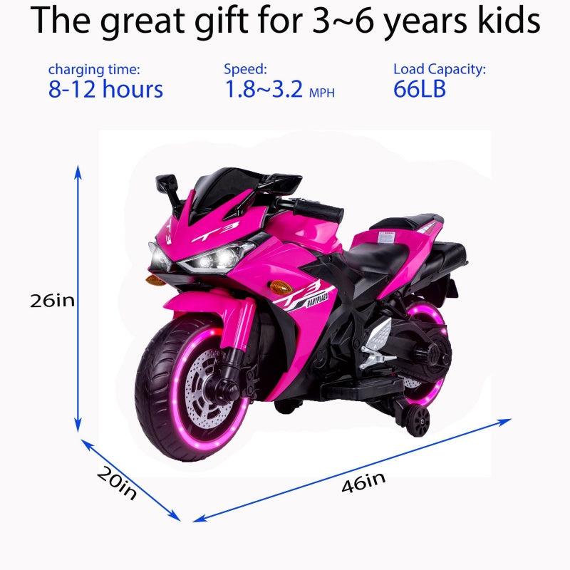 12V Kids Electric Ride-On Motorcycle with Training Wheels and Headlight, Motorbike with MP3 and Light-Up Wheels, 46" L x 20" W x 26" H