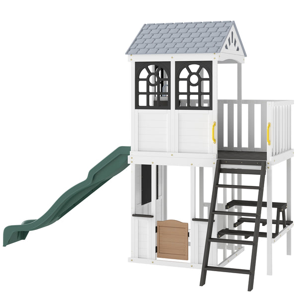 Qaba Two-Story Outdoor Playhouse, Wooden Kids Playhouse with Slide, Table & Bench, Play Kitchen, Ladder, Blackboard