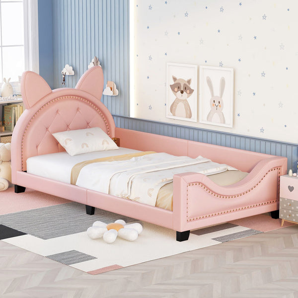 Twin Size Upholstered Daybed with Carton Ears Shaped Headboard, Sturdy Wood Frame, Easy Assembly, 80" L x 41" W x 37" H
