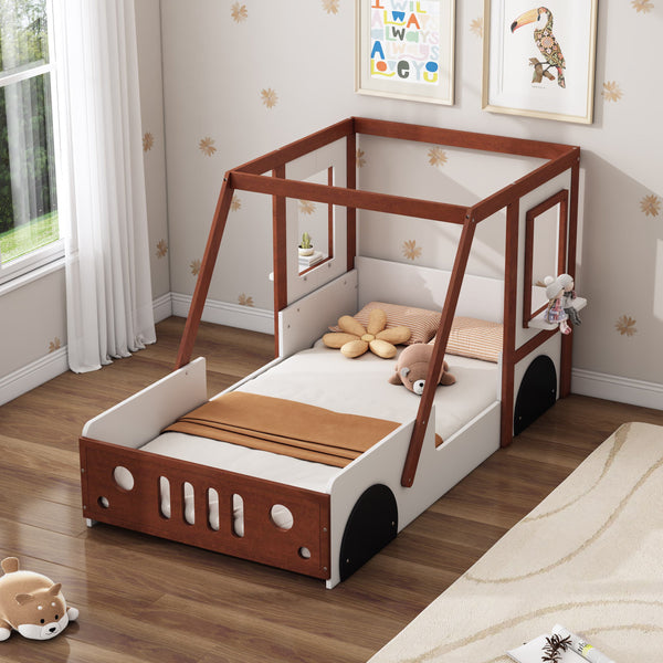 Twin Size Car Bed for Kids, Solid Wood Frame, Fun Play Design with Wheels, Doors, and Windows, 77" x 41.3" x 41.1", White+