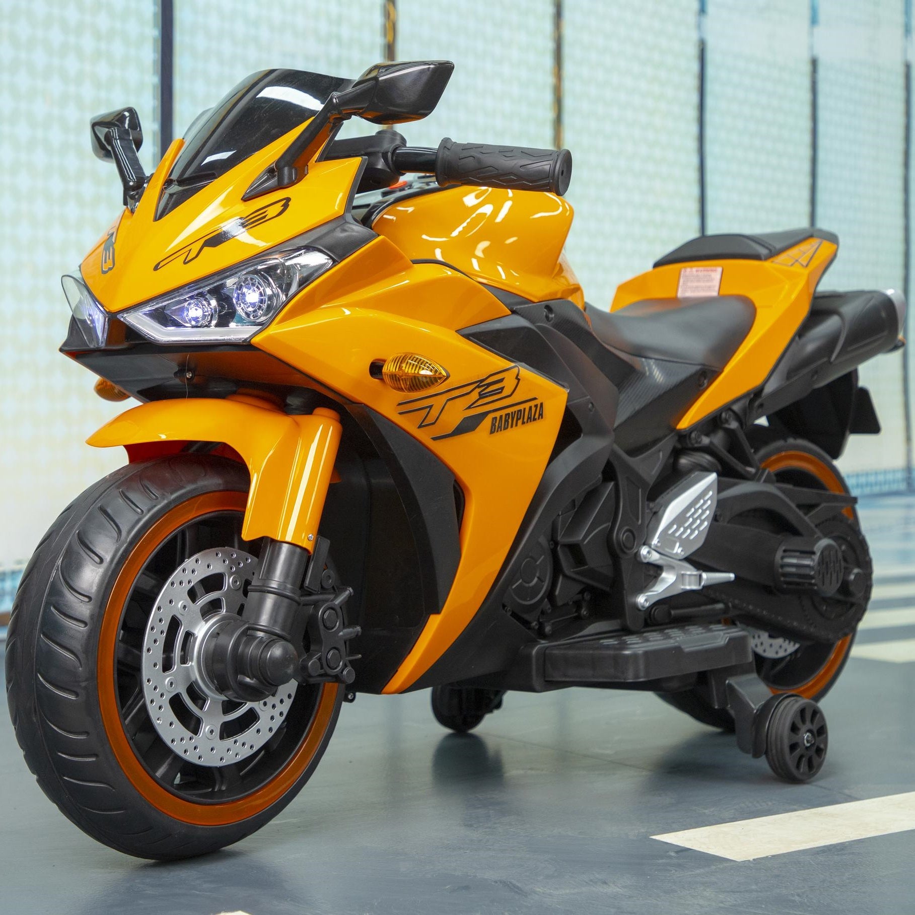 12V Kids Electric Ride-On Motorcycle with Training Wheels and Headlight, Motorbike with MP3 and Light-Up Wheels, 46" L x 20" W x 26" H - Orange