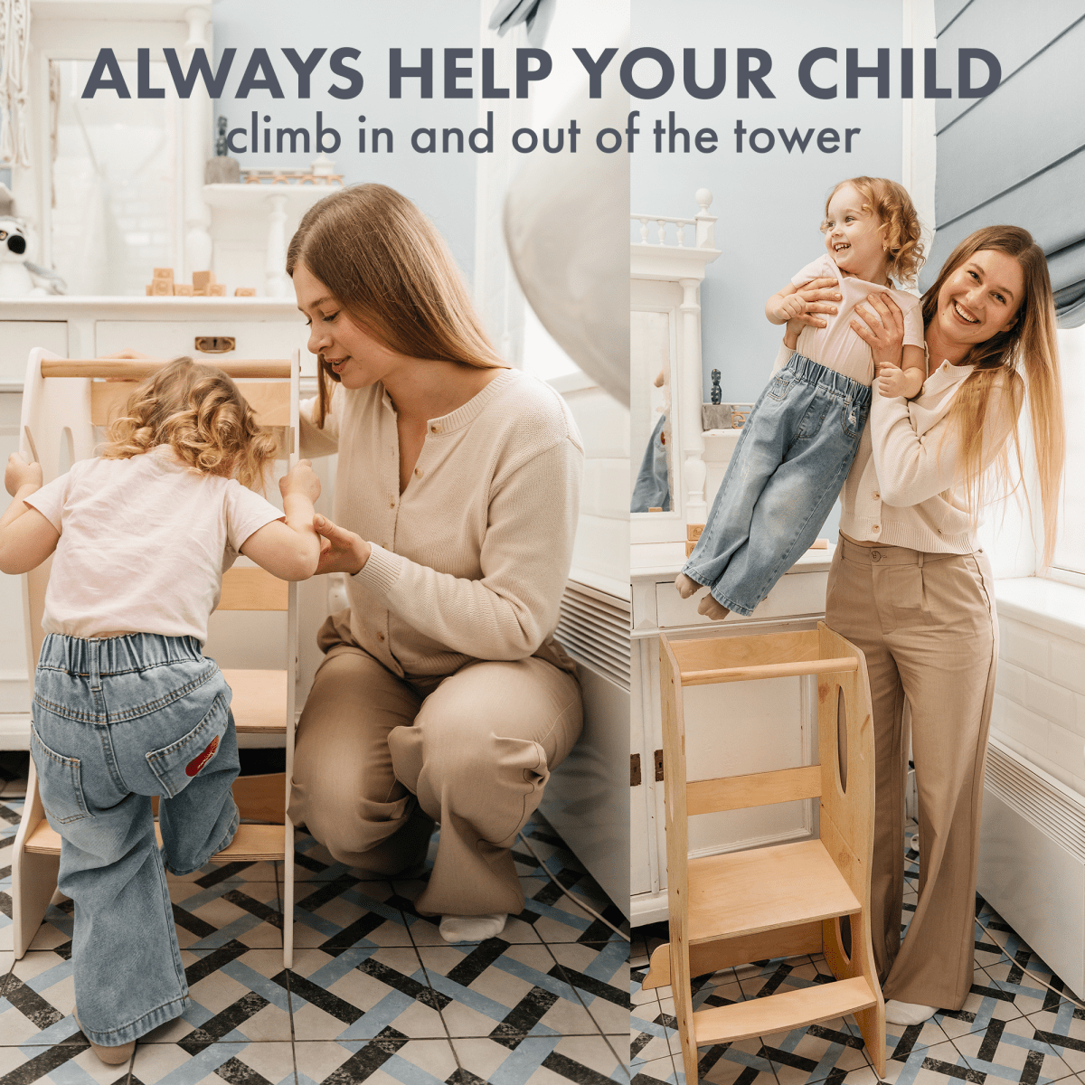 Stable Montessori Tower: Wooden Growing Chair - Beige - SKU: Tower-big-BG-CA