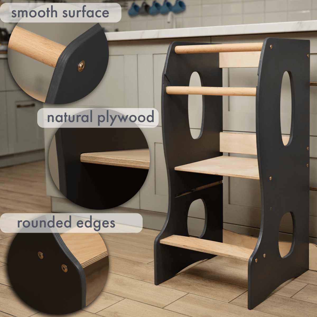 Stable Montessori Tower: Wooden Growing Chair - Grey - SKU: Tower-big-GR-CA