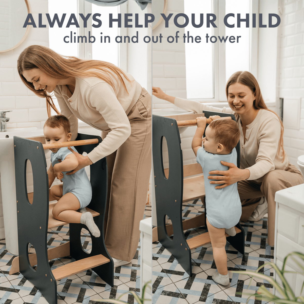 Stable Montessori Tower: Wooden Growing Chair - Grey - SKU: Tower-big-GR-CA