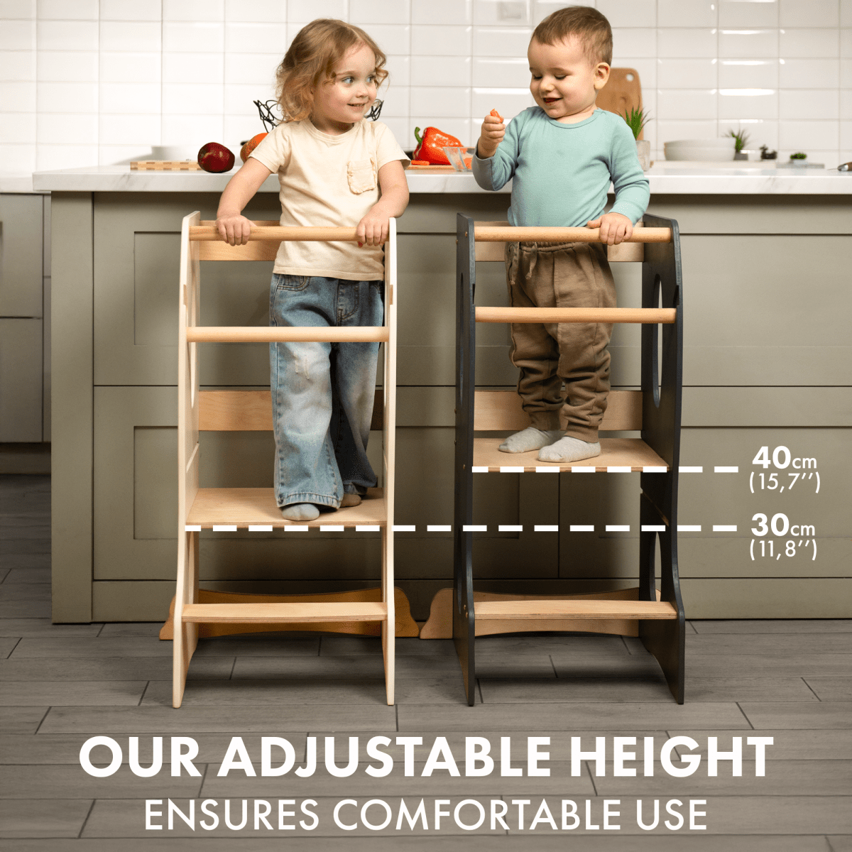 Stable Montessori Tower: Wooden Growing Chair - Grey - SKU: Tower-big-GR-CA